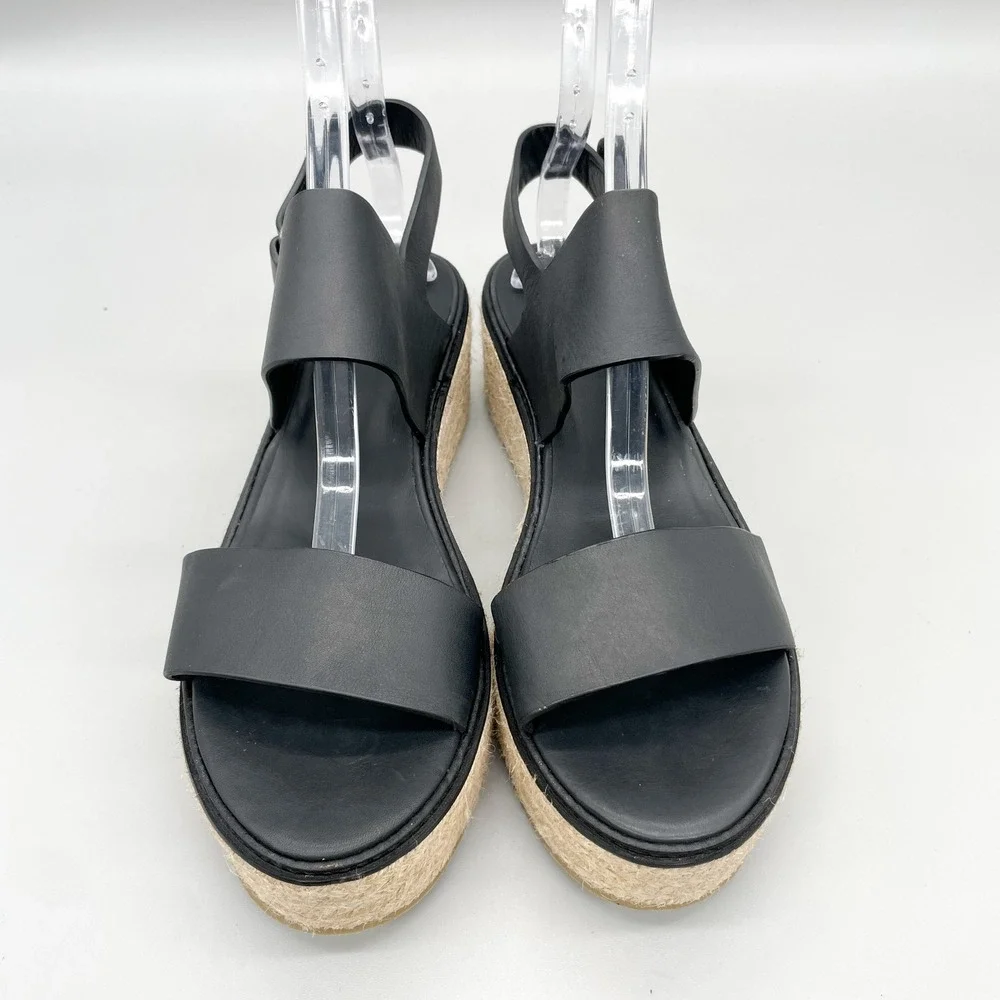 Vince Womens 10M Janet Espadrille Platform Sandals Black Leather Jute Wedge Boho